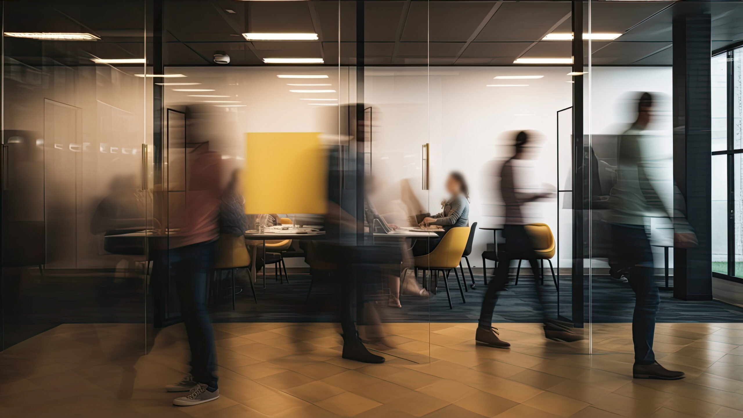 Blurred silhouettes of office employees at work
